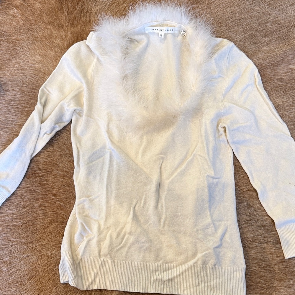 Max Studio Cream Fuzzy Trim Sweater